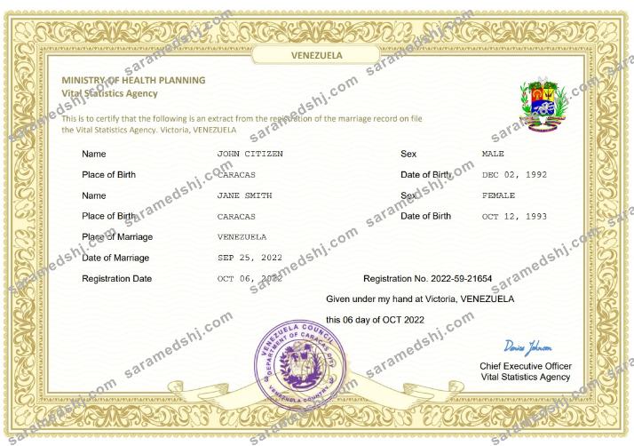 Venezuela marriage certificate Word and PDF template